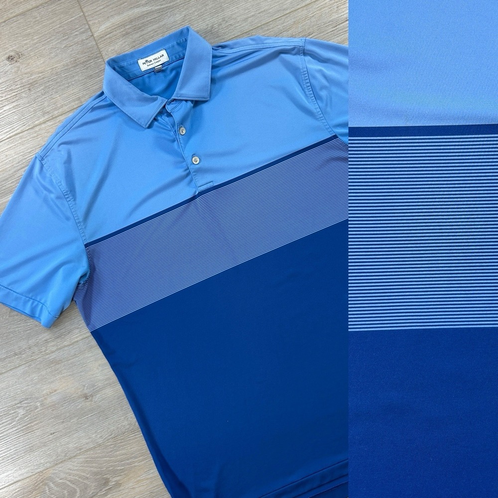 Peter Millar Men L Summer Comfort Blue Colorblock Stripe Golf Performance Polo